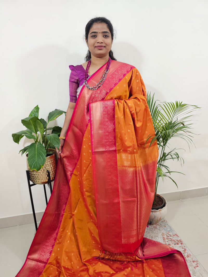 Yellowish Orange with Pink Semi Kanjivaram Soft Silk Saree