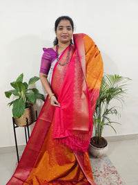 Yellowish Orange with Pink Semi Kanjivaram Soft Silk Saree