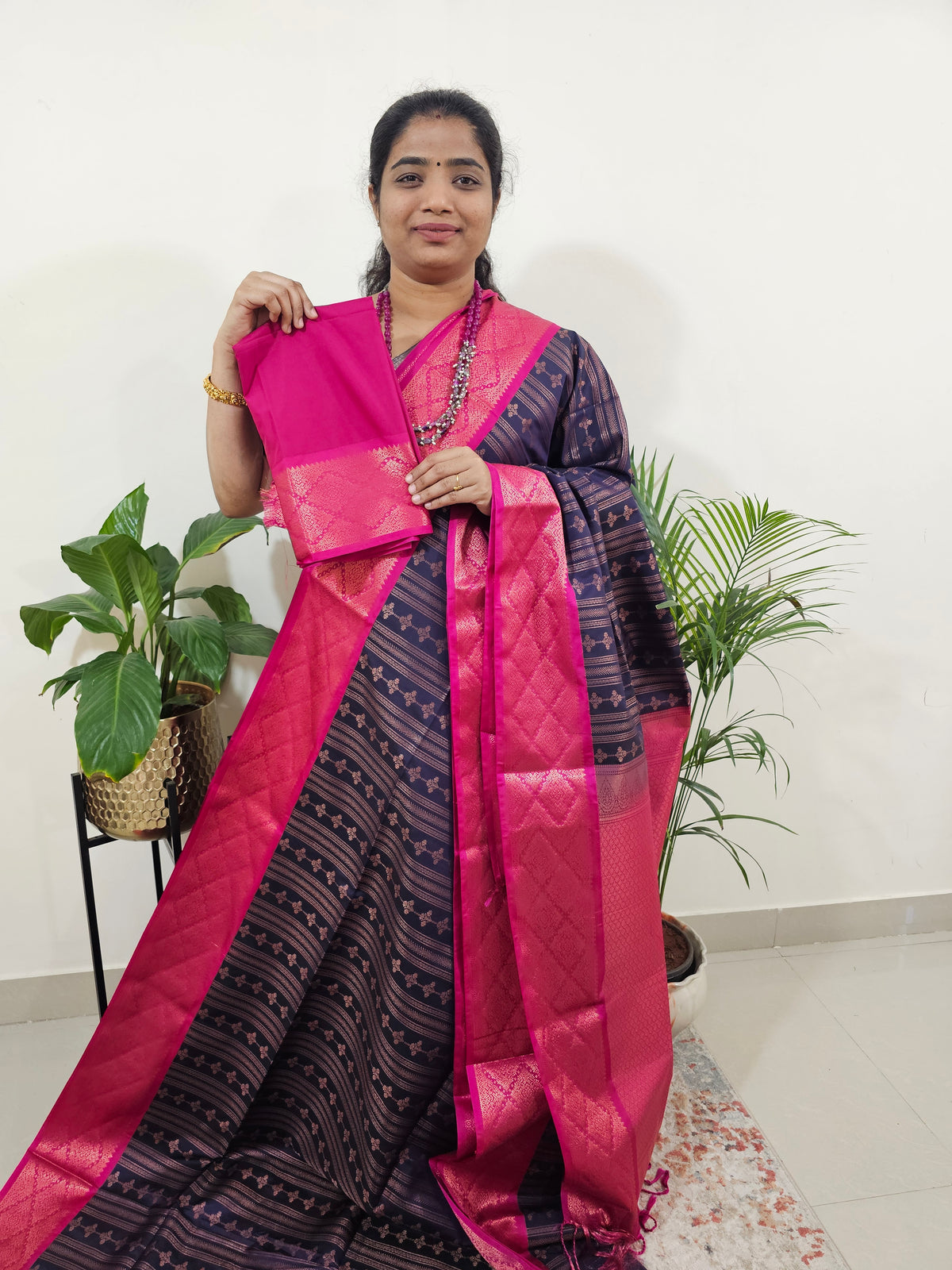 Navy Blue with Dark Pink Semi Kanjivaram Soft Silk Saree