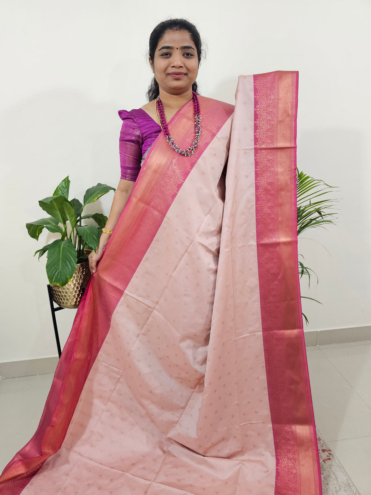 Cream with Pink Semi Kanjivaram Soft Silk Saree