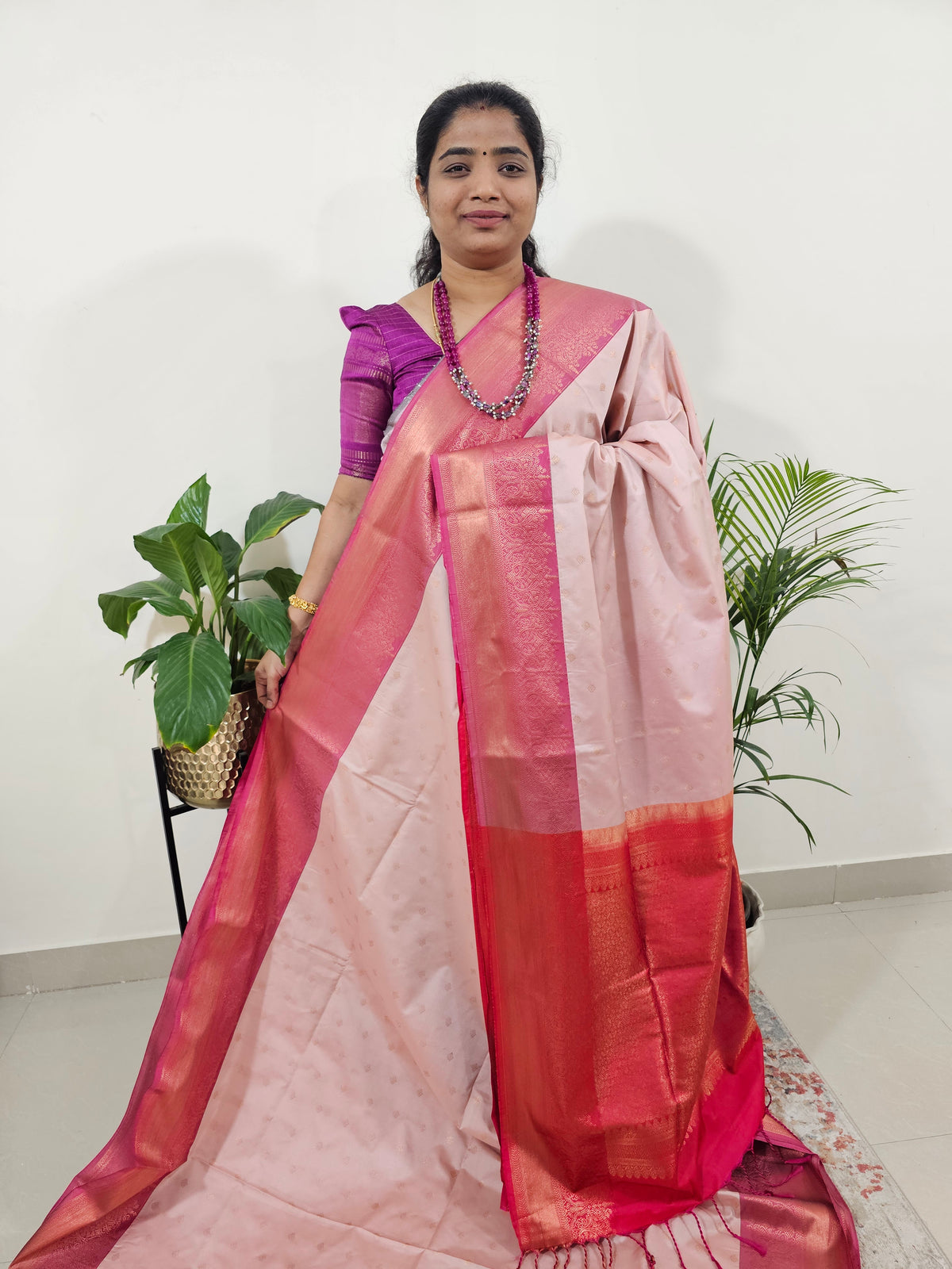 Cream with Pink Semi Kanjivaram Soft Silk Saree