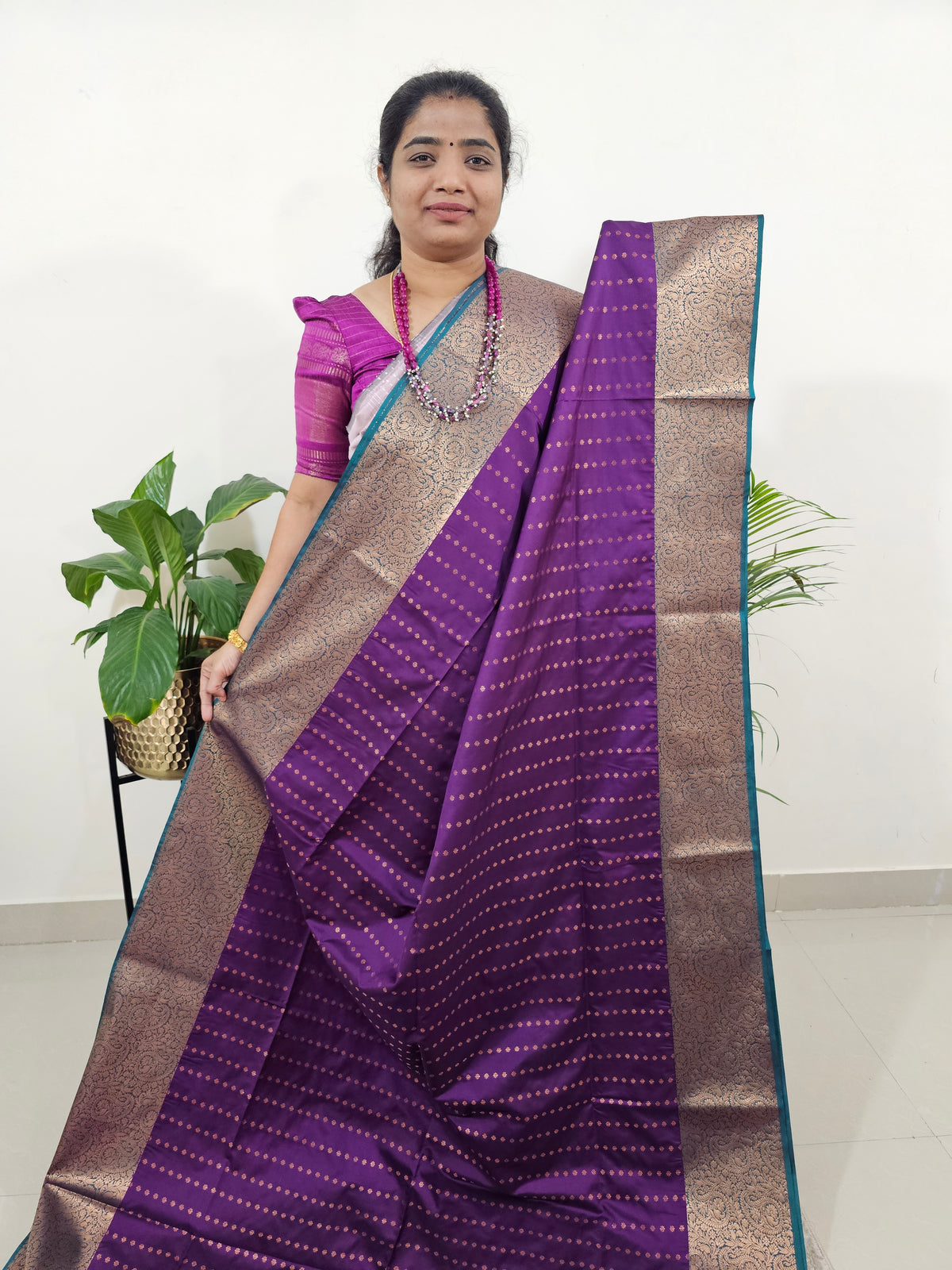 Purple with Sea Green Semi Kanjivaram Soft Silk Saree