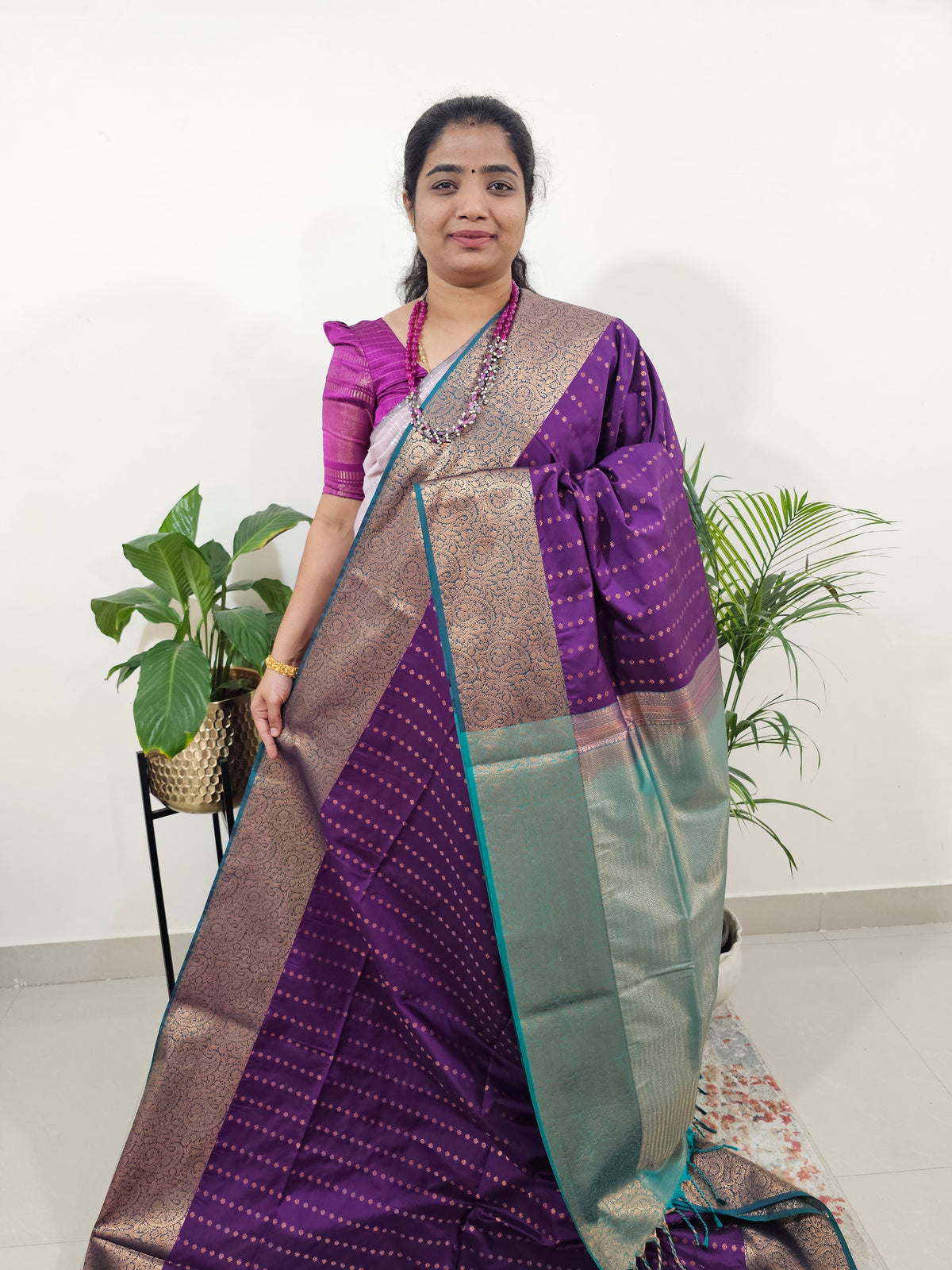 Purple with Sea Green Semi Kanjivaram Soft Silk Saree