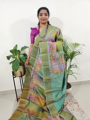 Tussar Silk Saree with Zari Border - Green Multi Shade