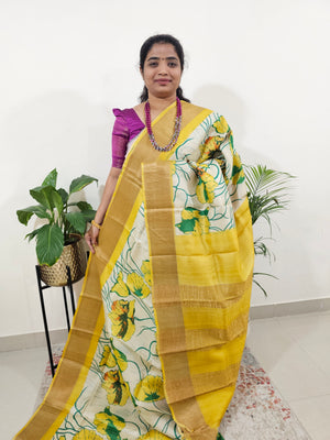 Tussar Silk Saree with Zari Border - Cream with Yellow