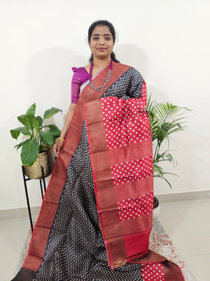 Tussar Silk Saree with Zari Border - Black with Red