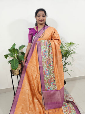 Soft Semi Tussar Weaving with Kalamkari Border -   Orange with Purple