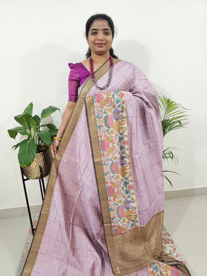 Soft Semi Tussar Weaving with Kalamkari Border - Lavender with Brown
