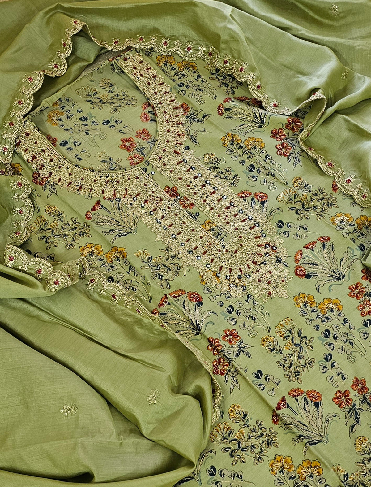 Modal Silk Unstitched Salwar Suit - Green with Multi Shade Floral
