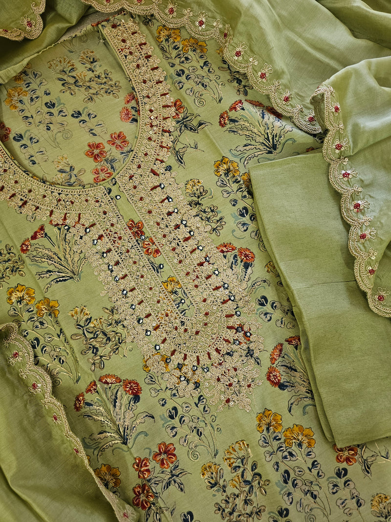 Modal Silk Unstitched Salwar Suit - Green with Multi Shade Floral