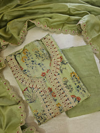 Modal Silk Unstitched Salwar Suit - Green with Multi Shade Floral