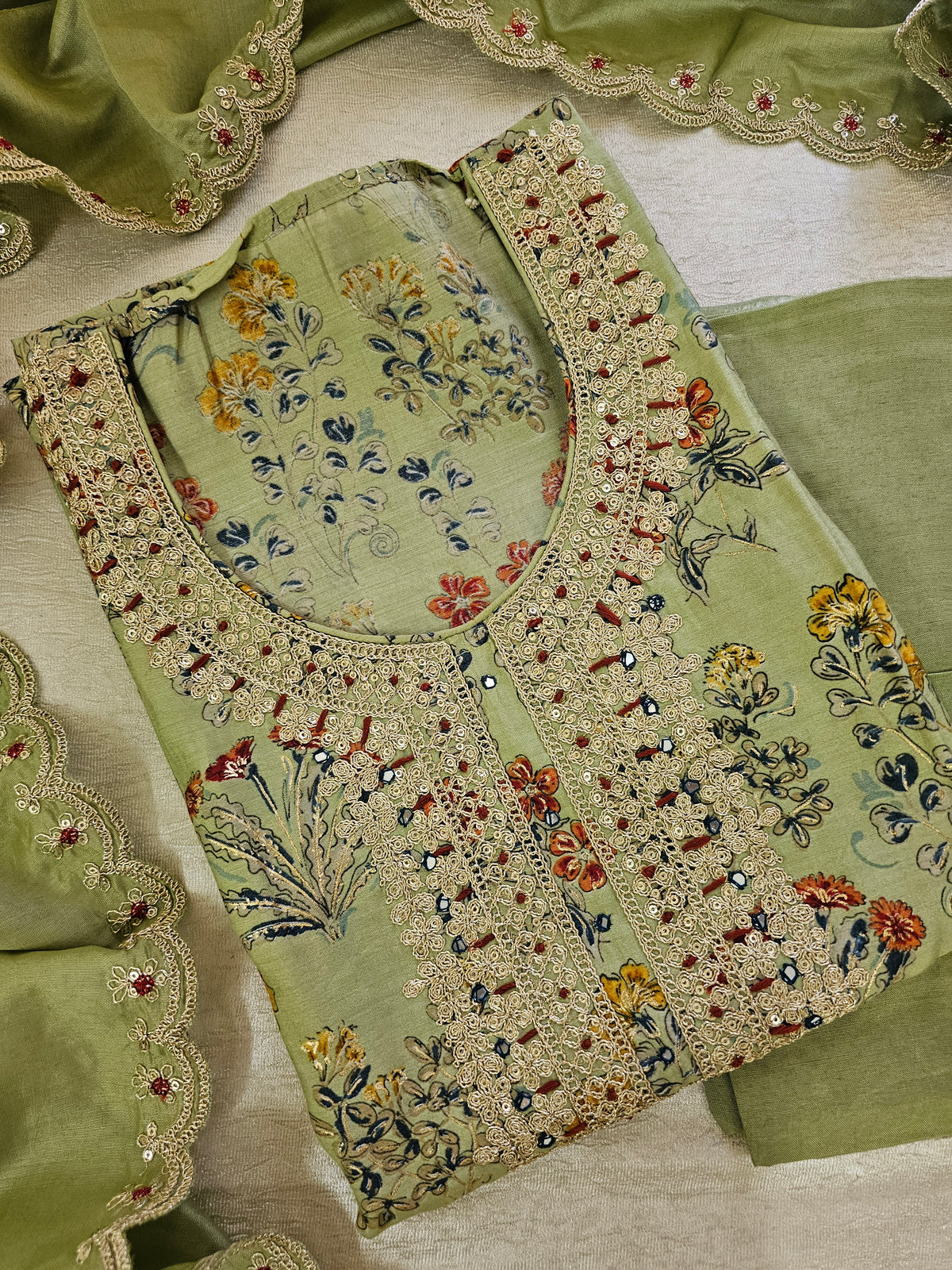 Modal Silk Unstitched Salwar Suit - Green with Multi Shade Floral