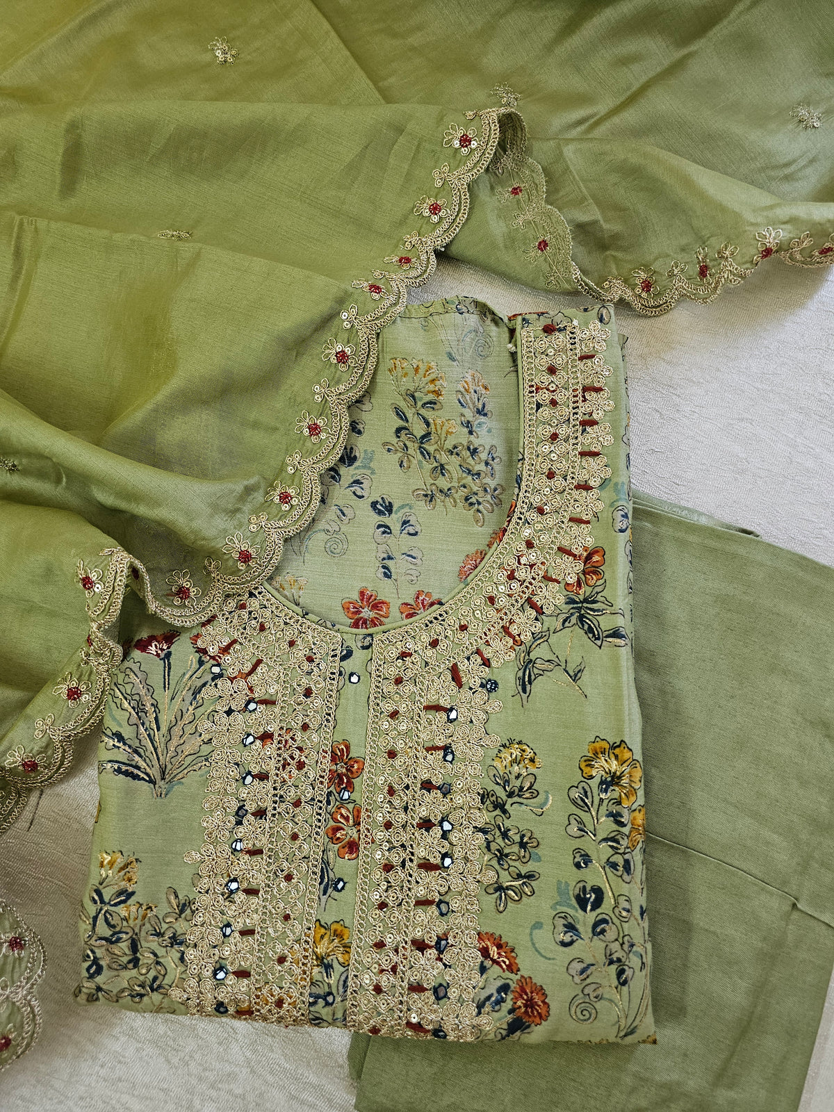 Modal Silk Unstitched Salwar Suit - Green with Multi Shade Floral