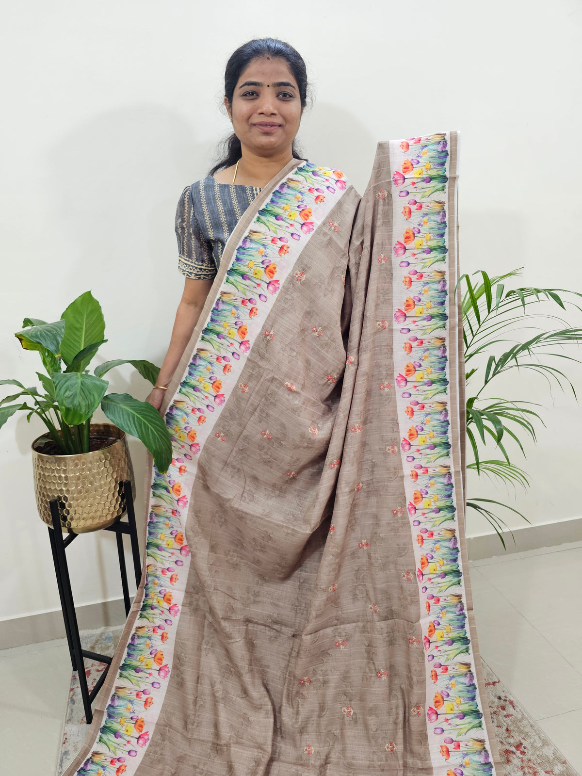 Linen Cotton with Emboridery Digital Printed Sarees - Beige