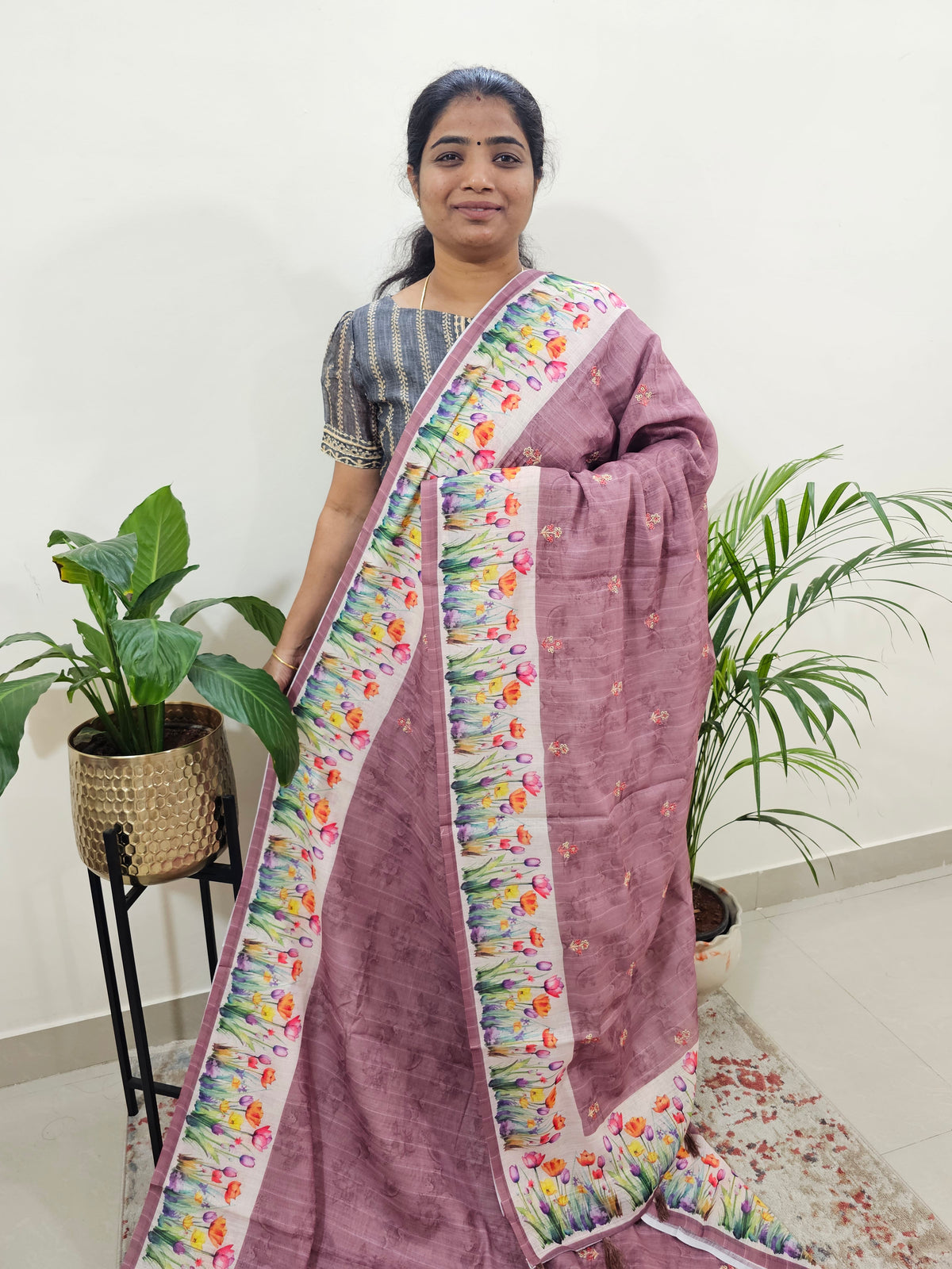 Linen Cotton with Emboridery Digital Printed Sarees - Onion Pink