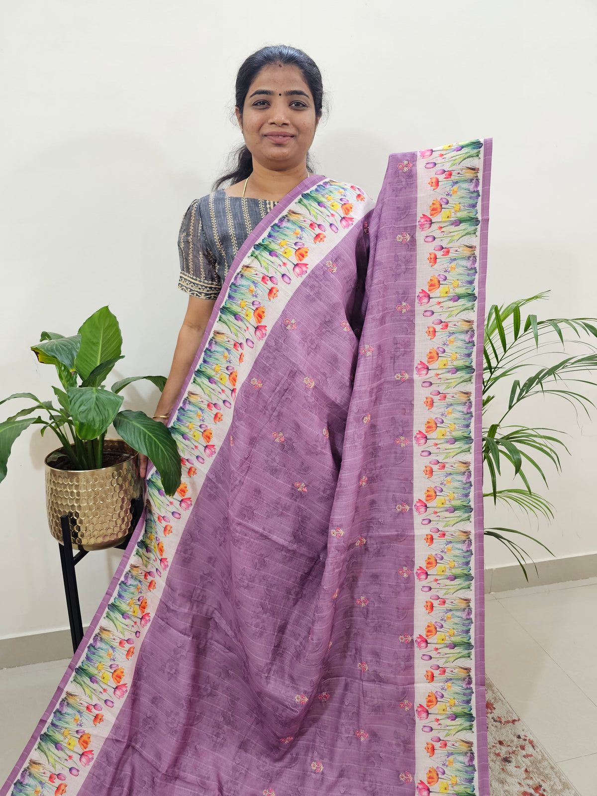 Linen Cotton with Emboridery Digital Printed Sarees - Purple