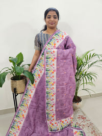 Linen Cotton with Emboridery Digital Printed Sarees - Purple