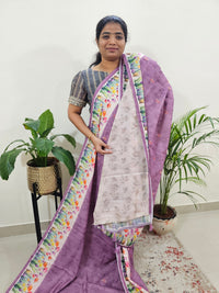 Linen Cotton with Emboridery Digital Printed Sarees - Purple