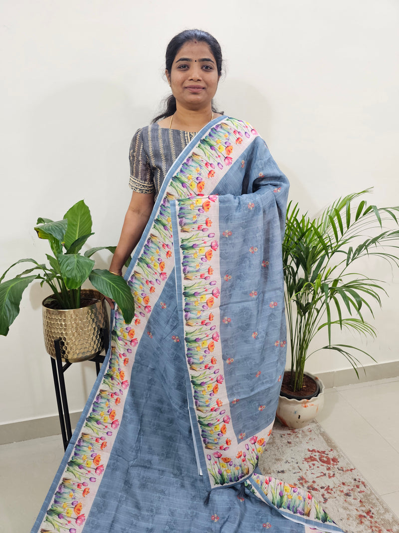 Linen Cotton with Emboridery Digital Printed Sarees - Grey