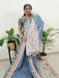 Linen Cotton with Emboridery Digital Printed Sarees - Grey