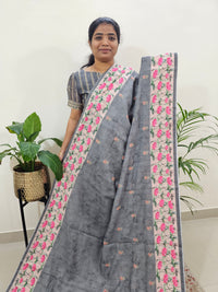 Linen Cotton with Emboridery Digital Printed Sarees - Grey