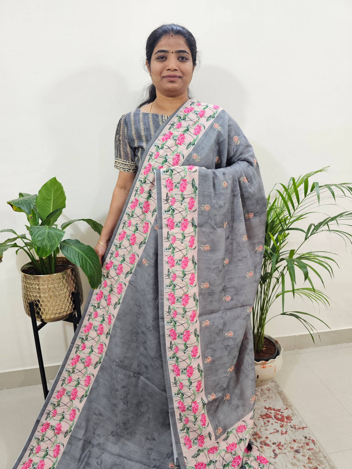 Linen Cotton with Emboridery Digital Printed Sarees - Grey