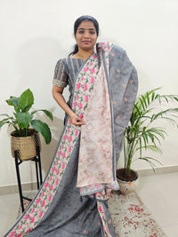 Linen Cotton with Emboridery Digital Printed Sarees - Grey