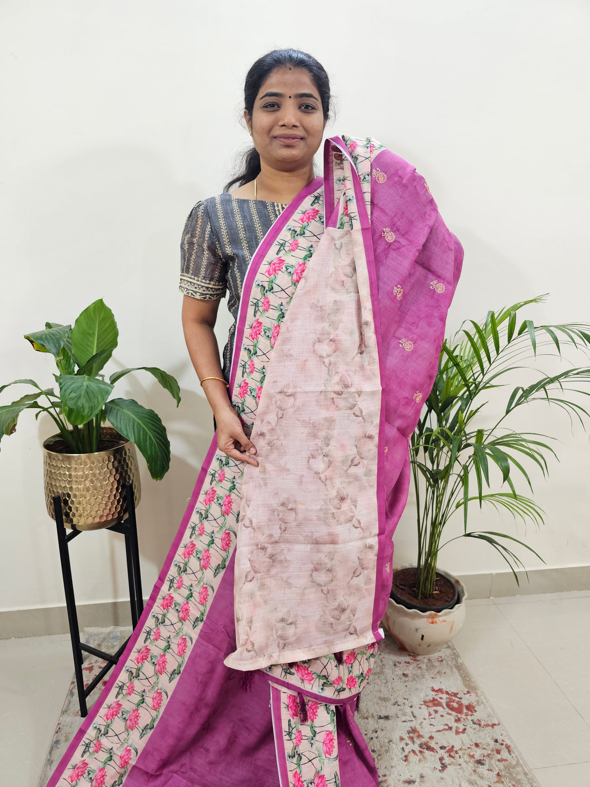 Linen Cotton with Emboridery Digital Printed Sarees - Purple