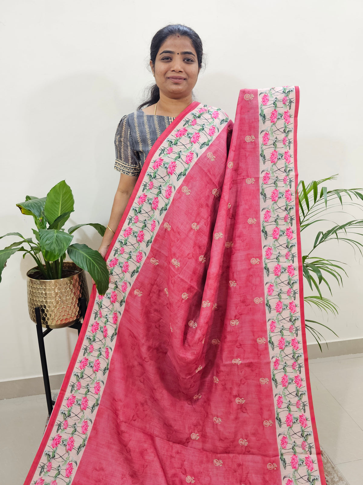 Linen Cotton with Emboridery Digital Printed Sarees -  Peach