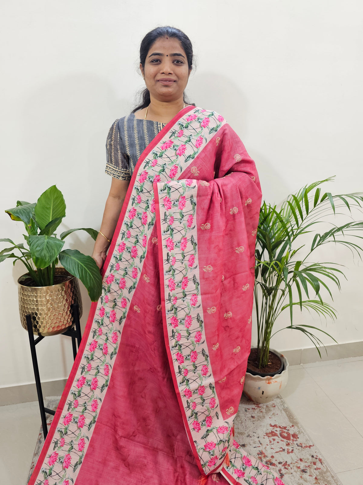 Linen Cotton with Emboridery Digital Printed Sarees -  Peach