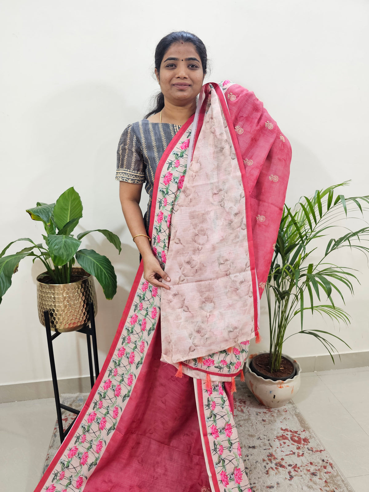 Linen Cotton with Emboridery Digital Printed Sarees -  Peach