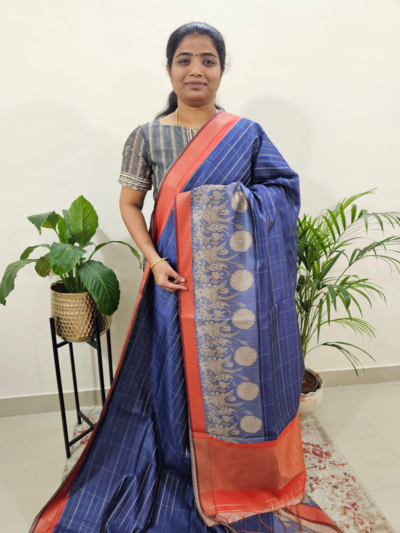 Soft Semi Tussar Weaving with Kalamkari Border - Blue with Orange