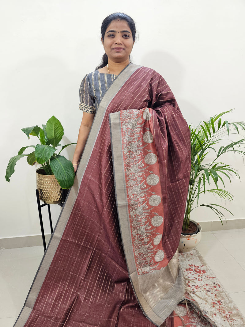 Soft Semi Tussar Weaving with Kalamkari Border - Dark Brown with Grey