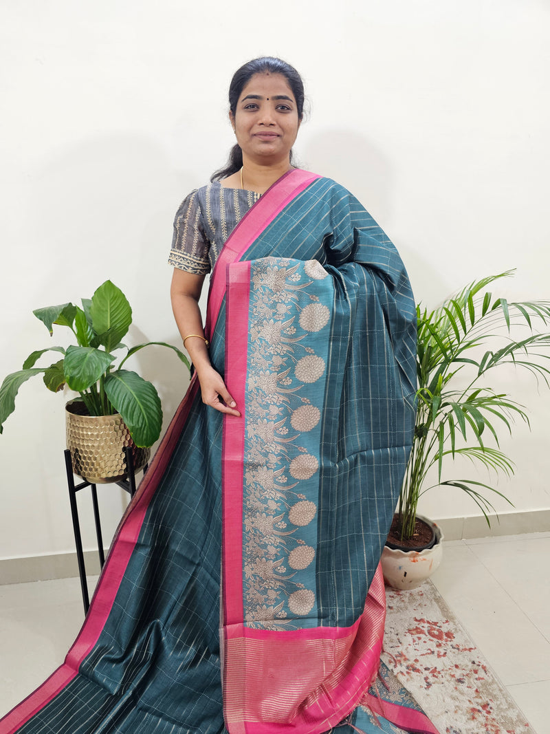 Soft Semi Tussar Weaving with Kalamkari Border - Dark Green with Pink