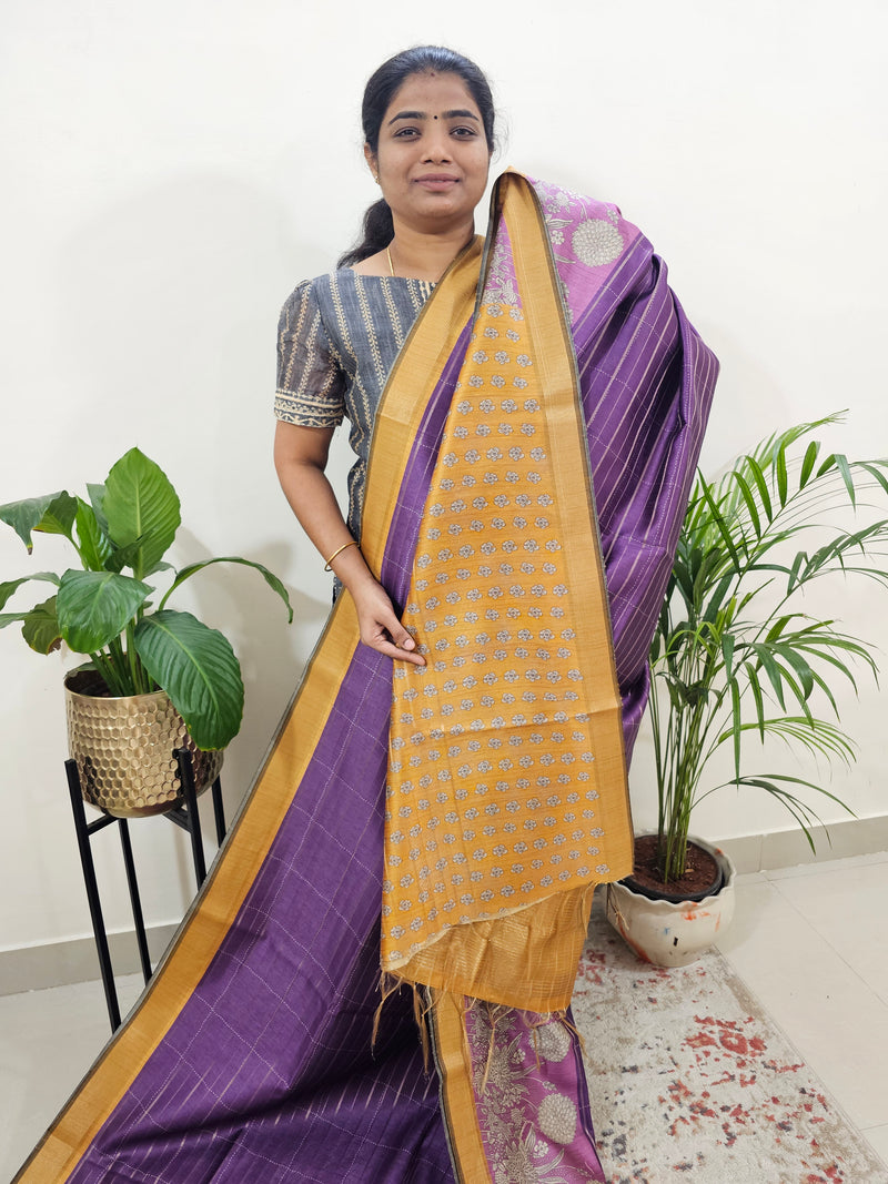 Soft Semi Tussar Weaving with Kalamkari Border - Purple with Mustard