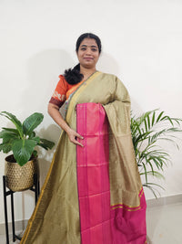Semi Raw Silk Saree - Beige with Pink