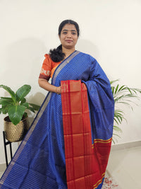 Semi Raw Silk Saree - Royal Blue with Red