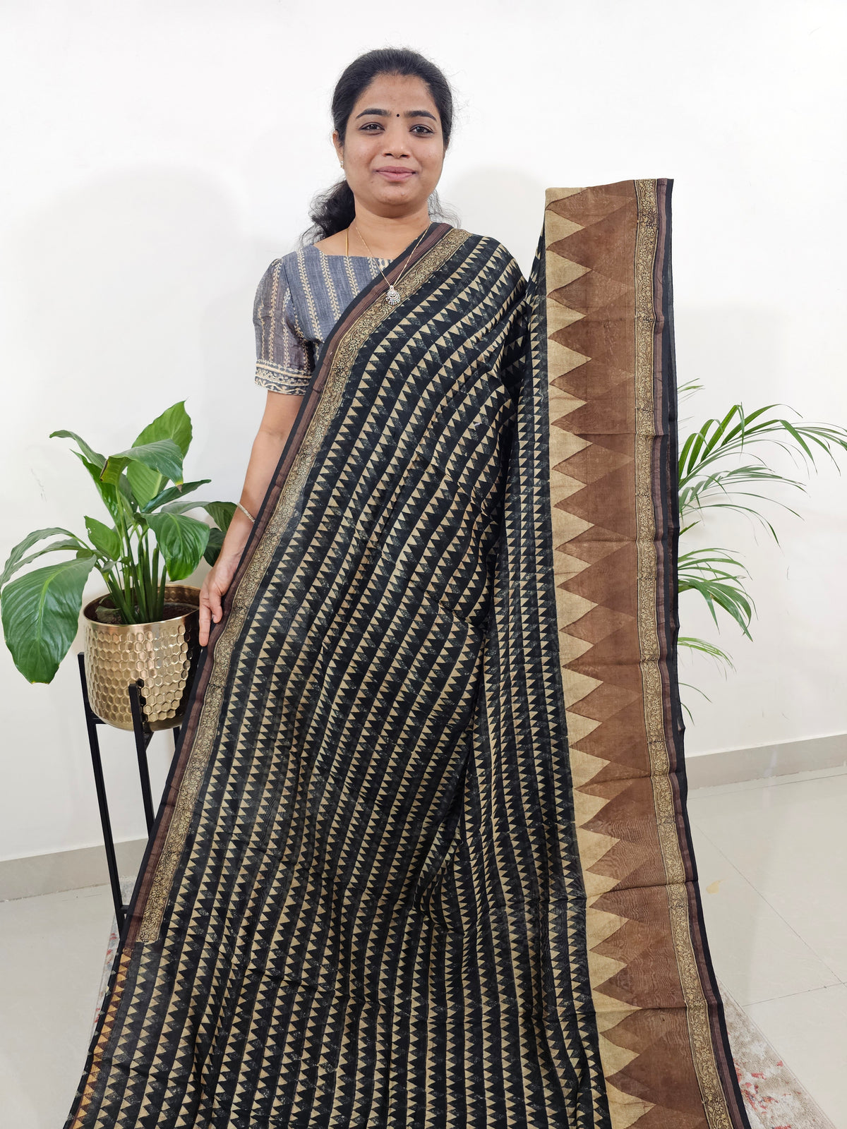 Pure Chanderi Butter Silk - Black with Brown