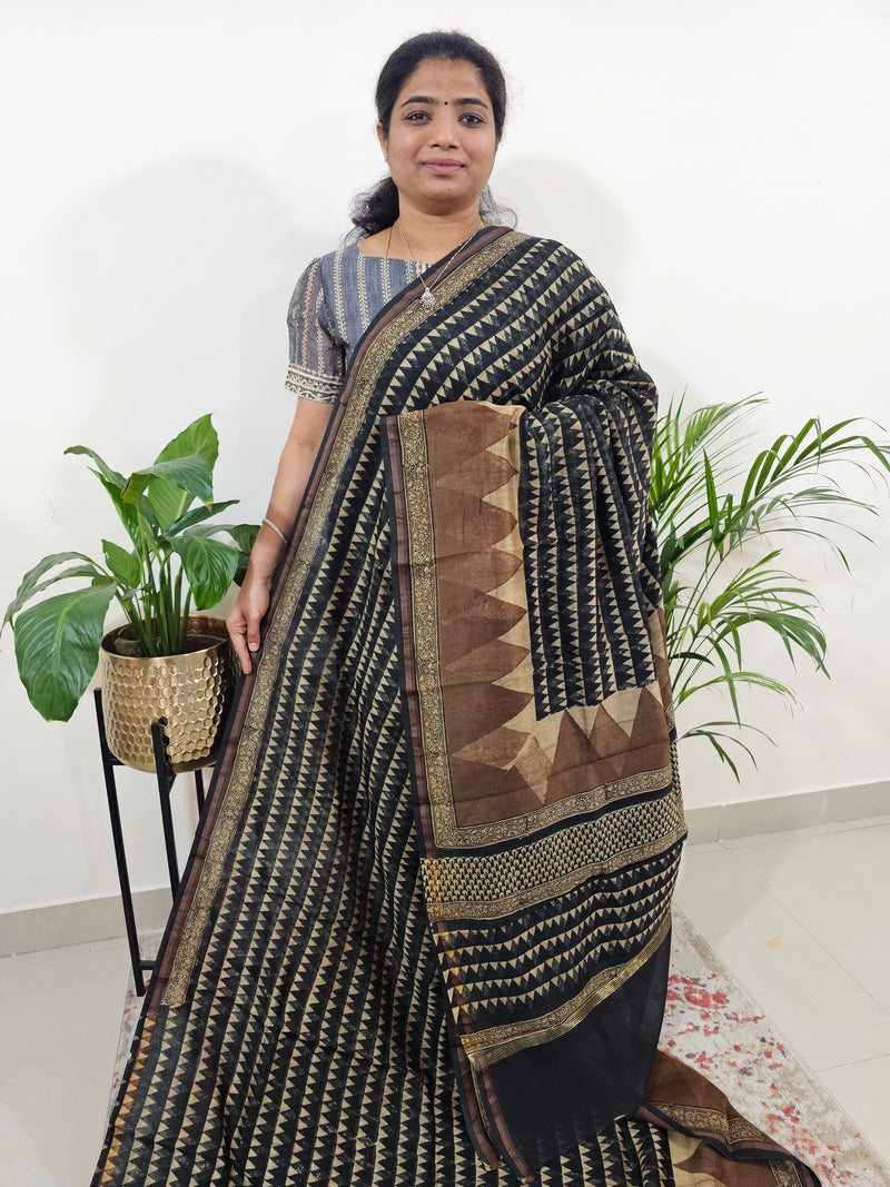 Pure Chanderi Butter Silk - Black with Brown