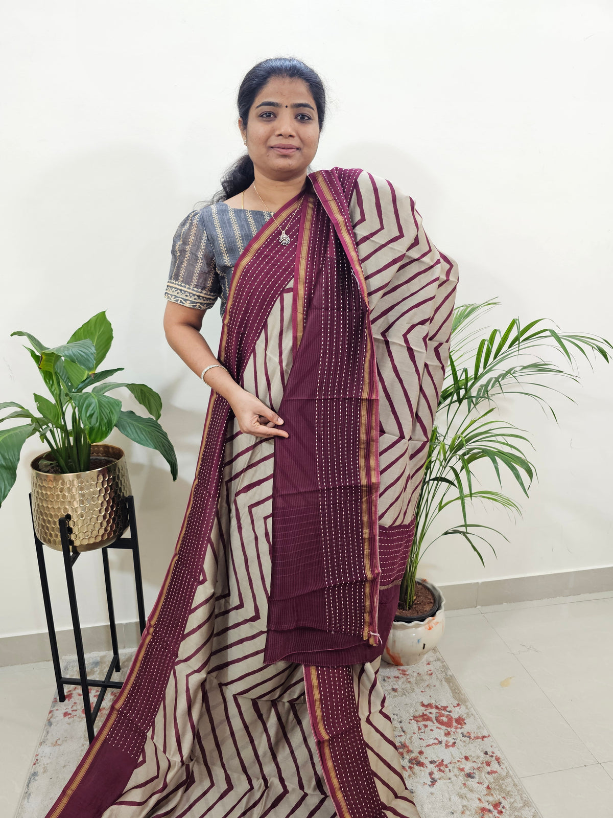 Pure Chanderi Butter Silk - Cream with Maroon