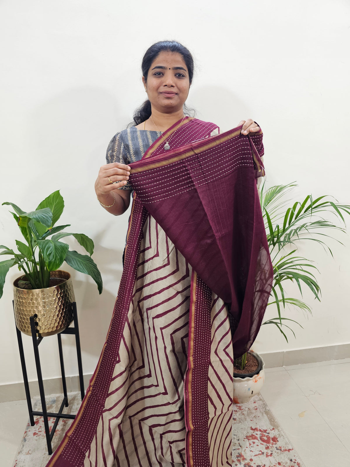 Pure Chanderi Butter Silk - Cream with Maroon