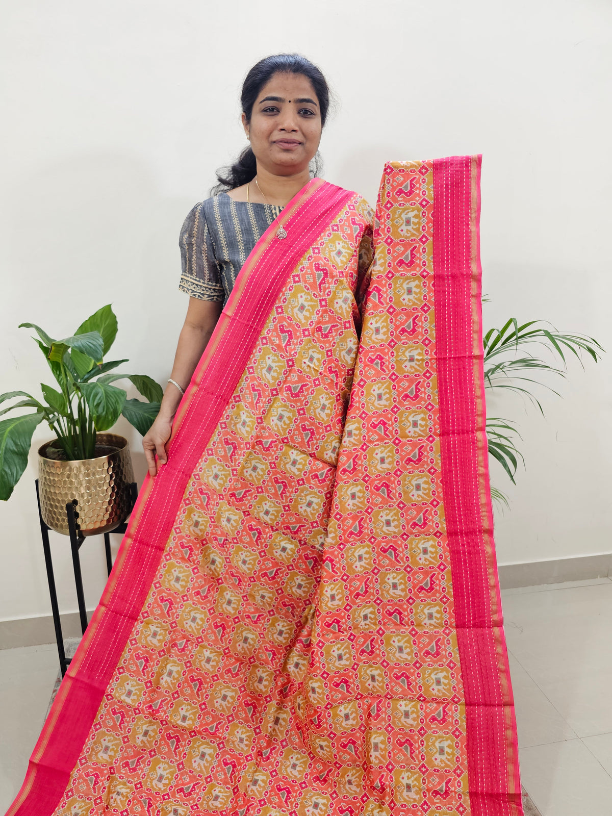 Pure Chanderi Butter Silk - Yellow with Pink