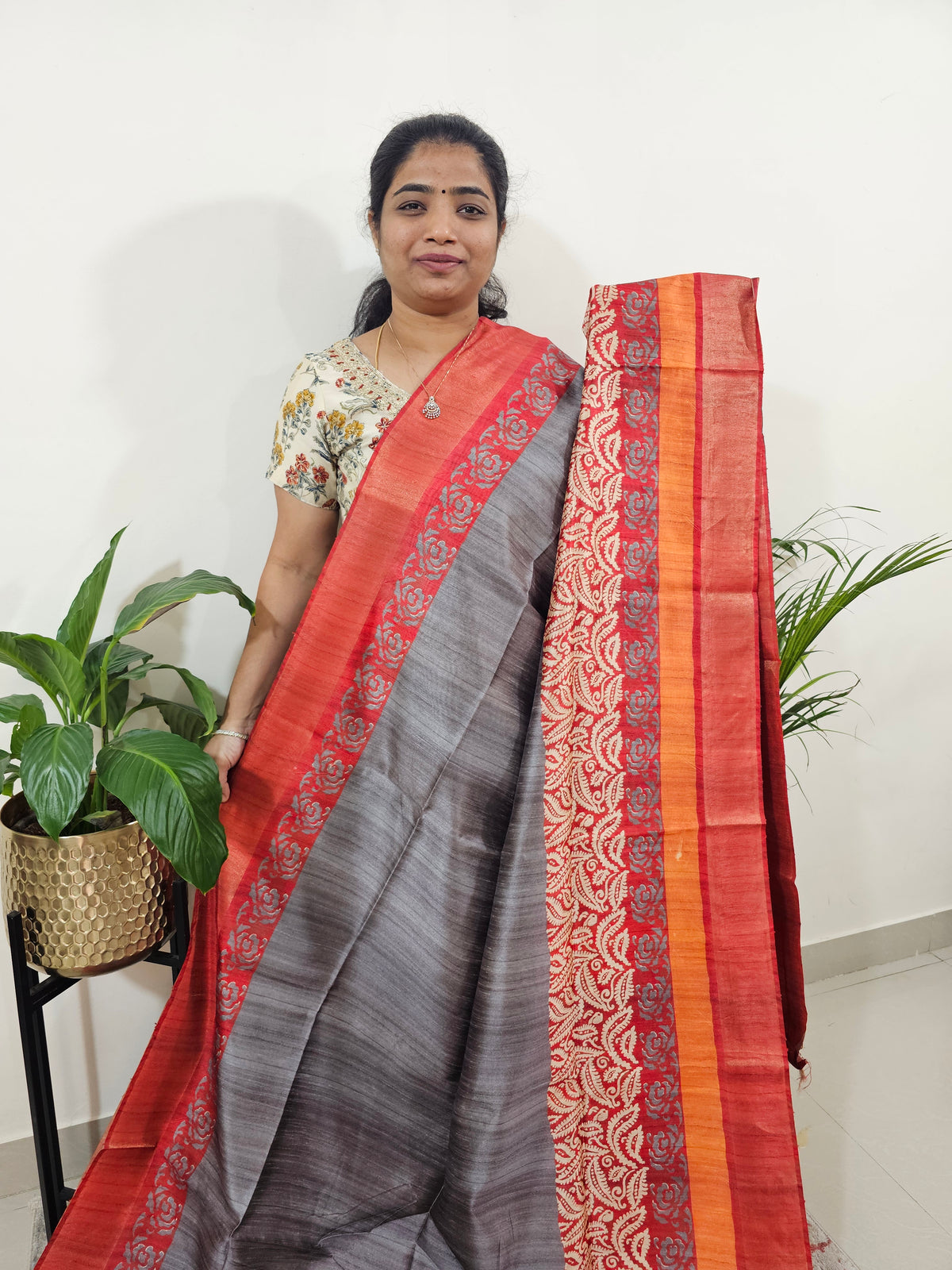 Semi Ghicha Digital Printed Saree - Grey with Red