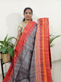 Semi Ghicha Digital Printed Saree - Grey with Red