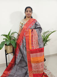Semi Ghicha Digital Printed Saree - Grey with Red