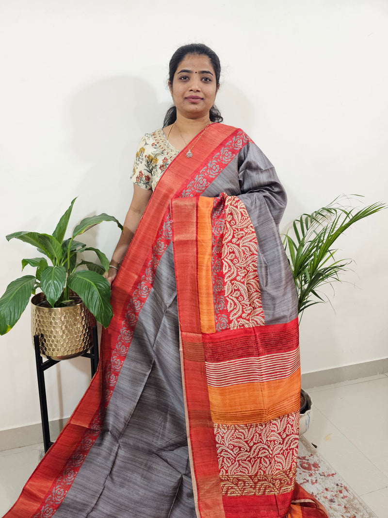 Semi Ghicha Digital Printed Saree - Grey with Red