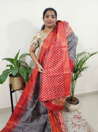 Semi Ghicha Digital Printed Saree - Grey with Red