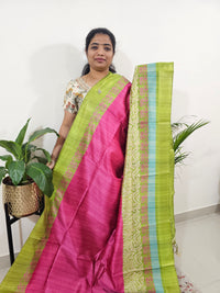 Semi Ghicha Digital Printed Saree - Pink with Green