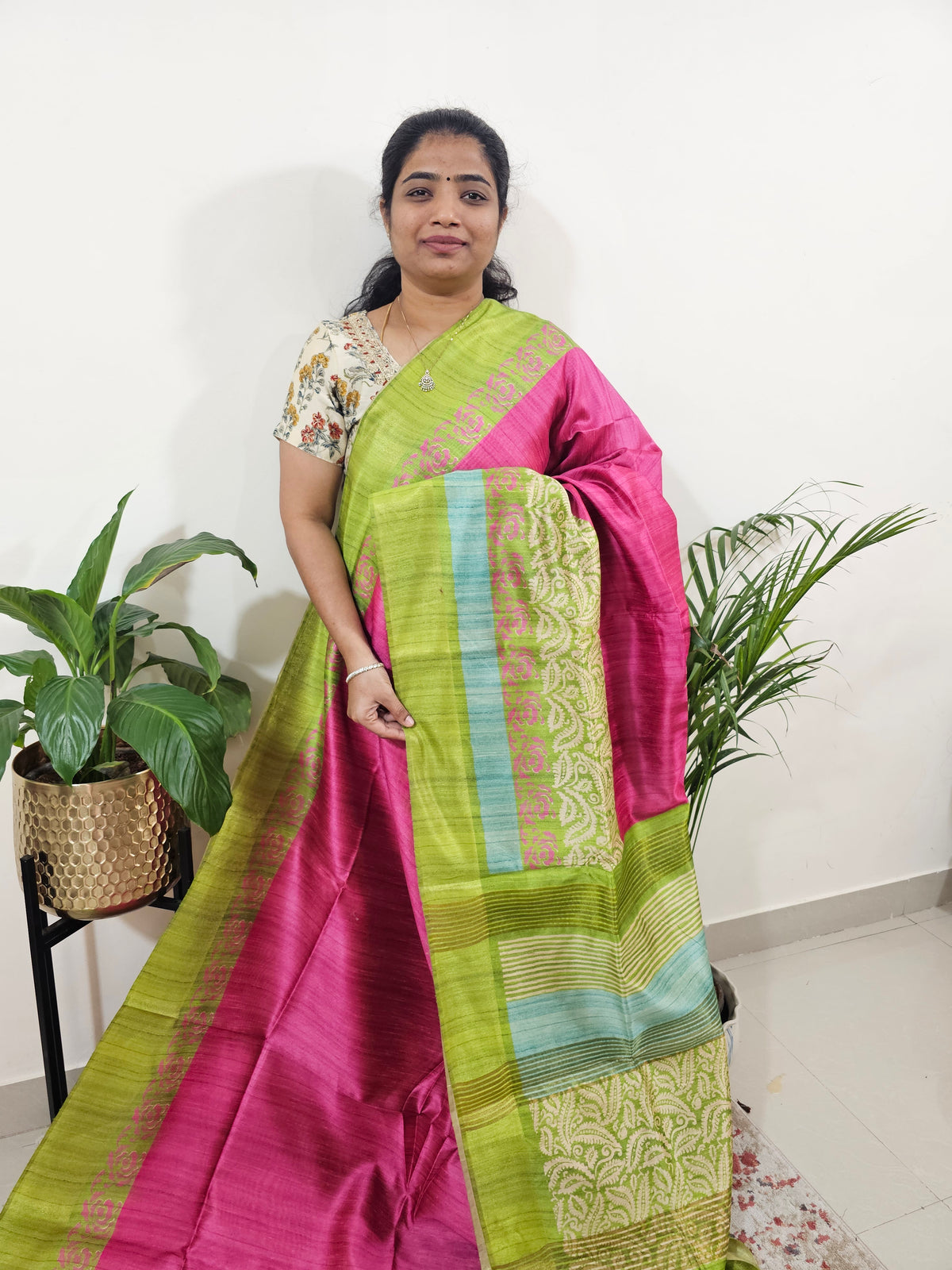 Semi Ghicha Digital Printed Saree - Pink with Green