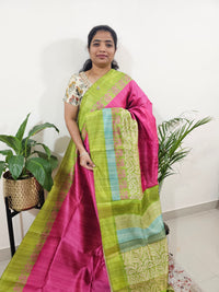 Semi Ghicha Digital Printed Saree - Pink with Green